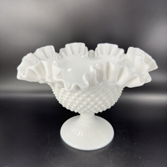 Fenton White Hobnail Footed Compote Ruffled Rim Edges Pedestal Bowl Dish Vintage - Picture 12 of 16